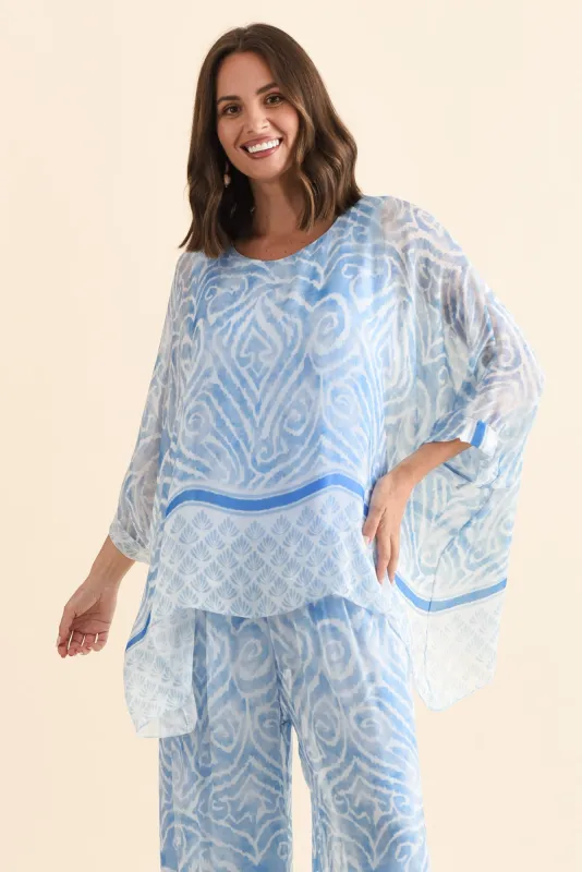 Trevino Blue Swirl Silk Overlay Top sold by Blue Bungalow