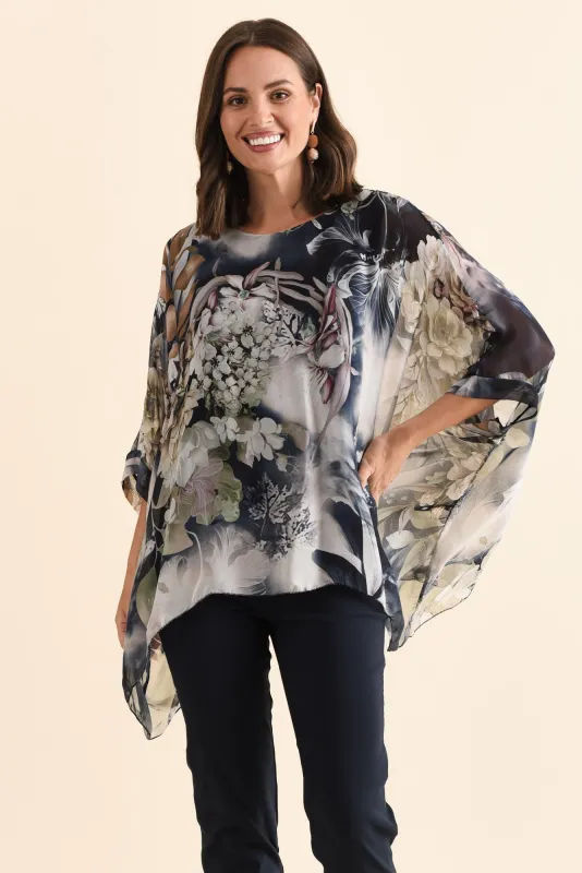 Trevino Navy Rose Silk Overlay Top sold by Blue Bungalow