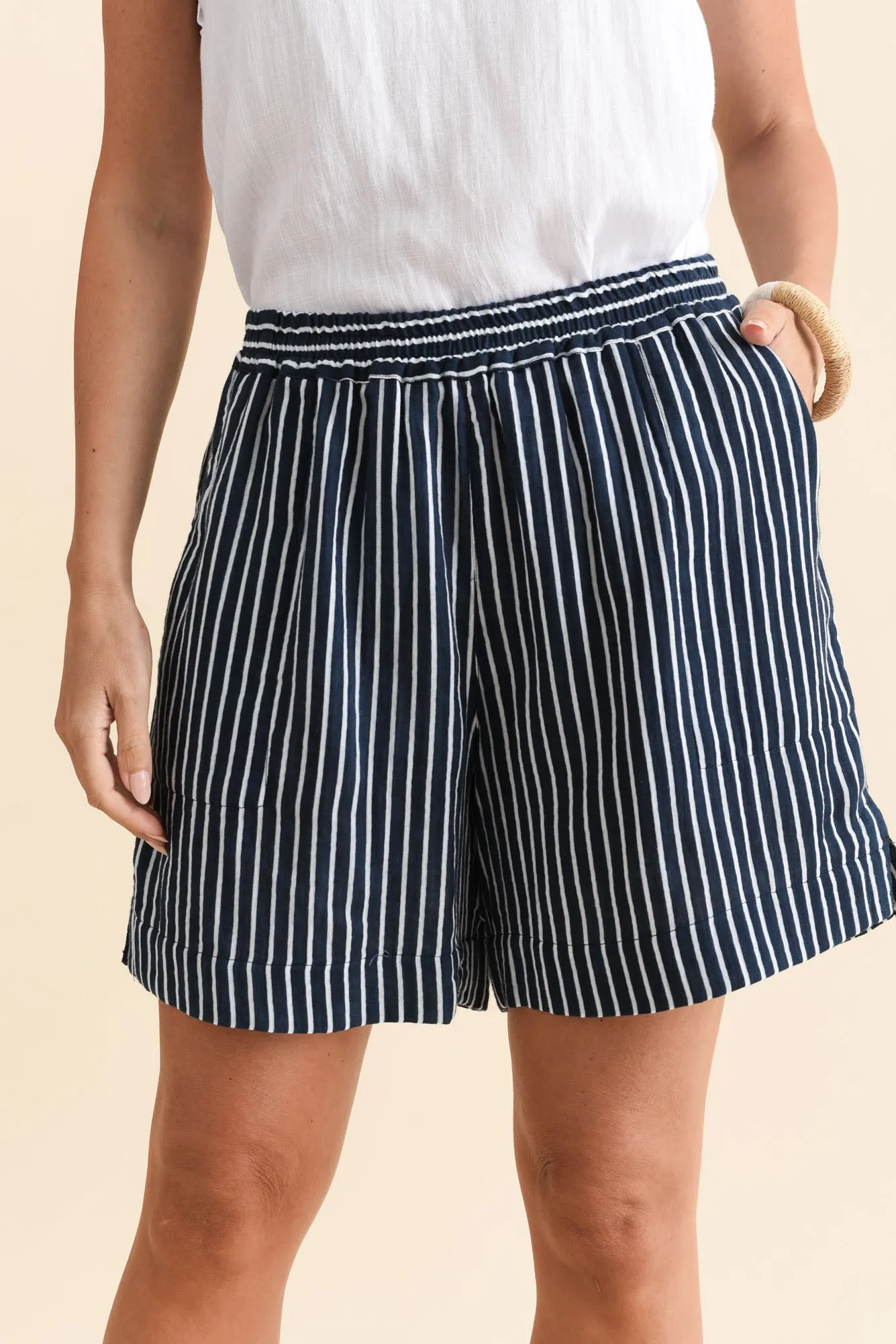 Madrid Navy Stripe Cotton Shorts sold by Blue Bungalow product image thumbnail 5