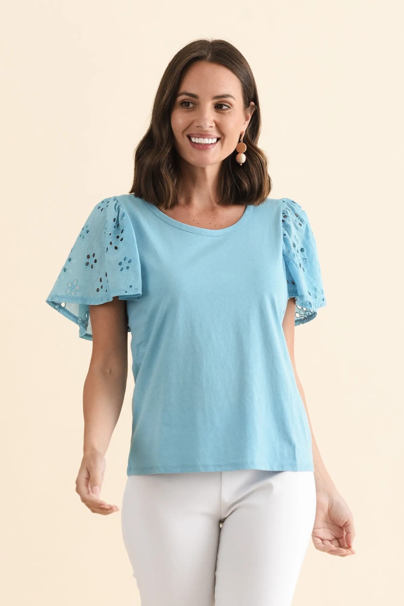 Lottie Blue Embroidered Cotton Tee sold by Blue Bungalow