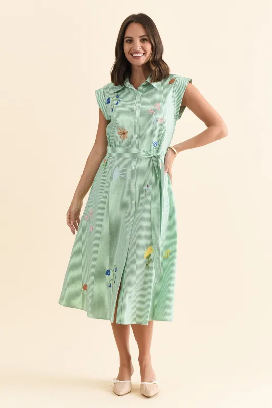Gloria Green Stripe Cotton Tie Dress sold by Blue Bungalow