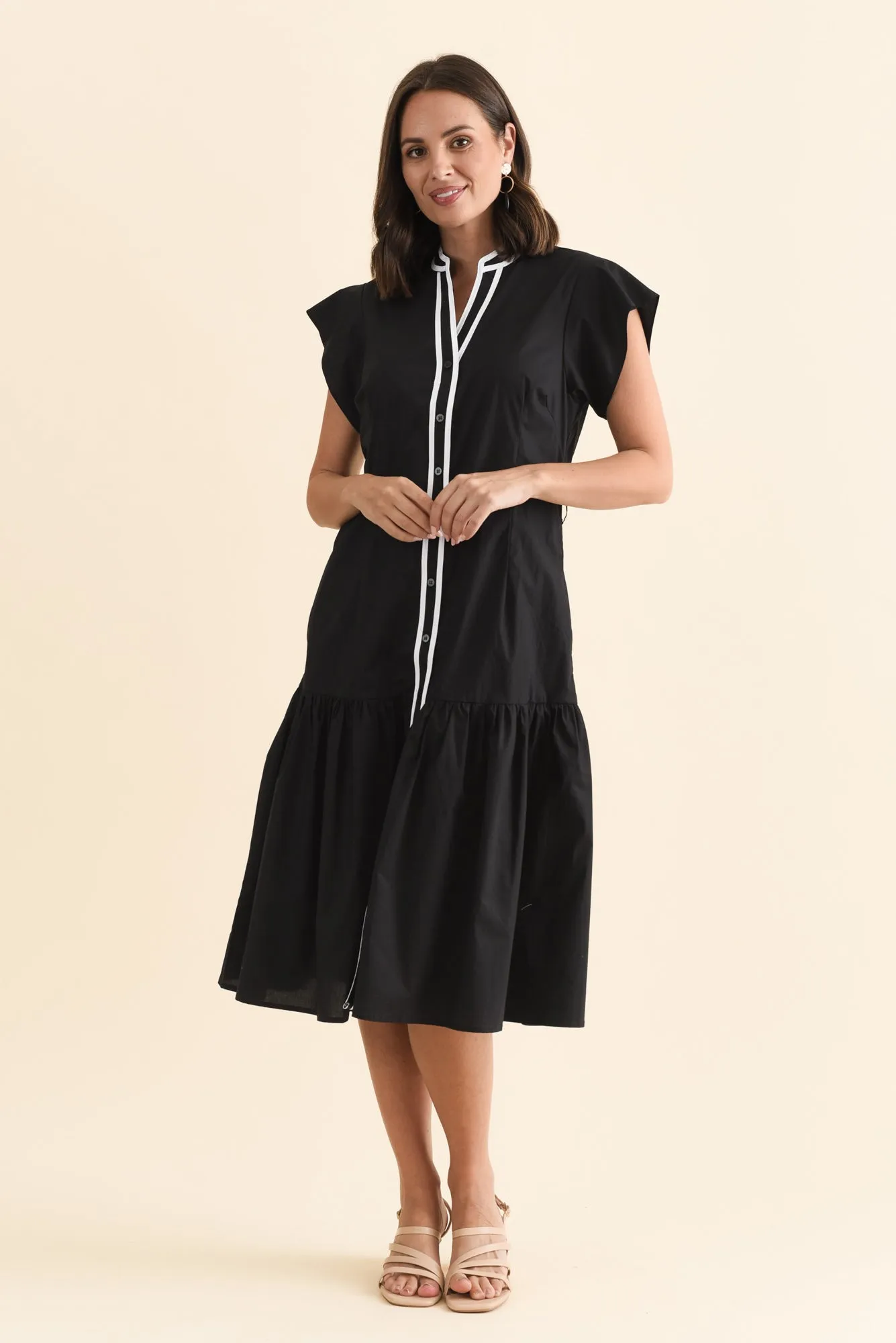 Mari Black Contrast Cotton Tie Dress sold by Blue Bungalow