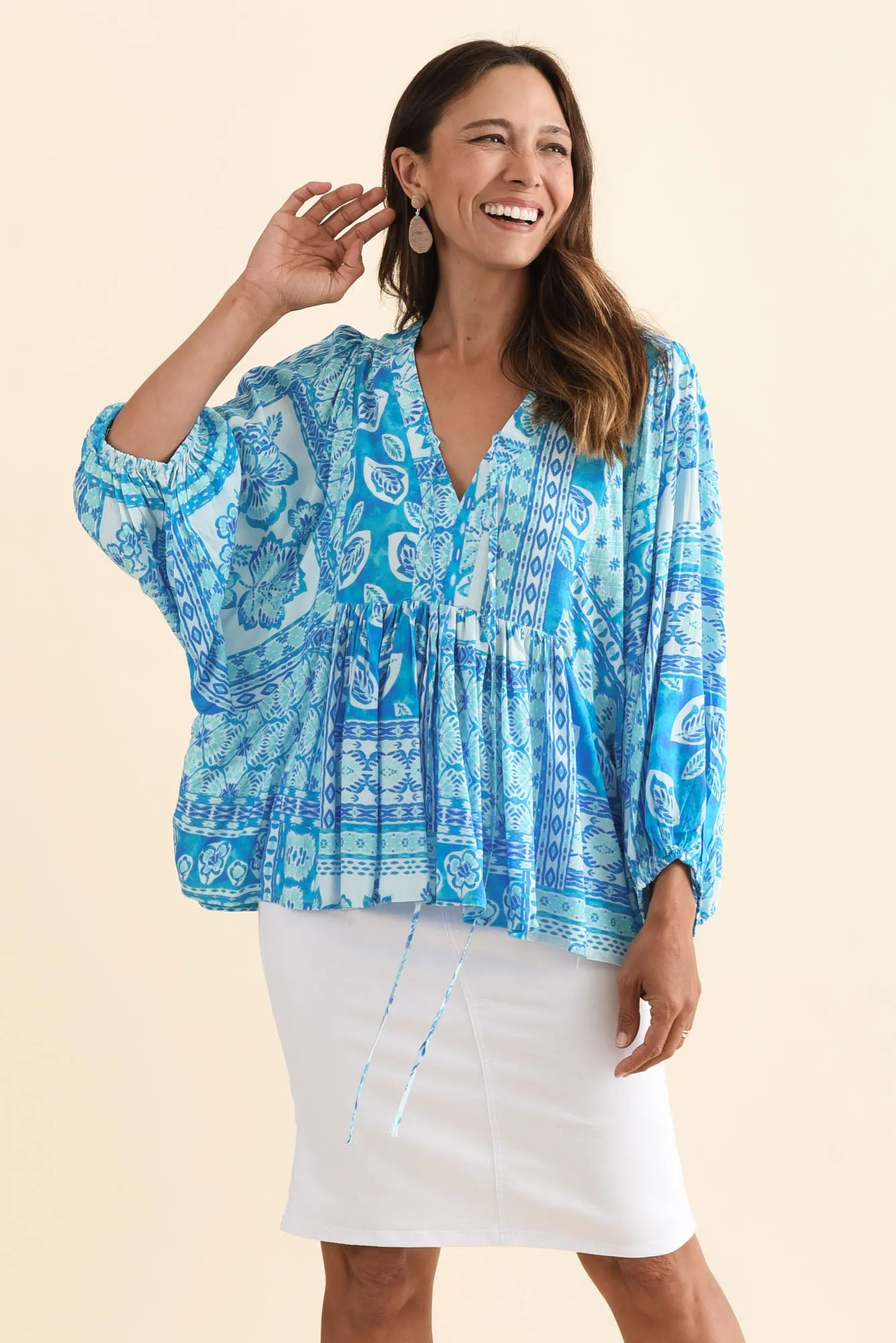 Tayler Blue Mosaic Puff Sleeve Top sold by Blue Bungalow
