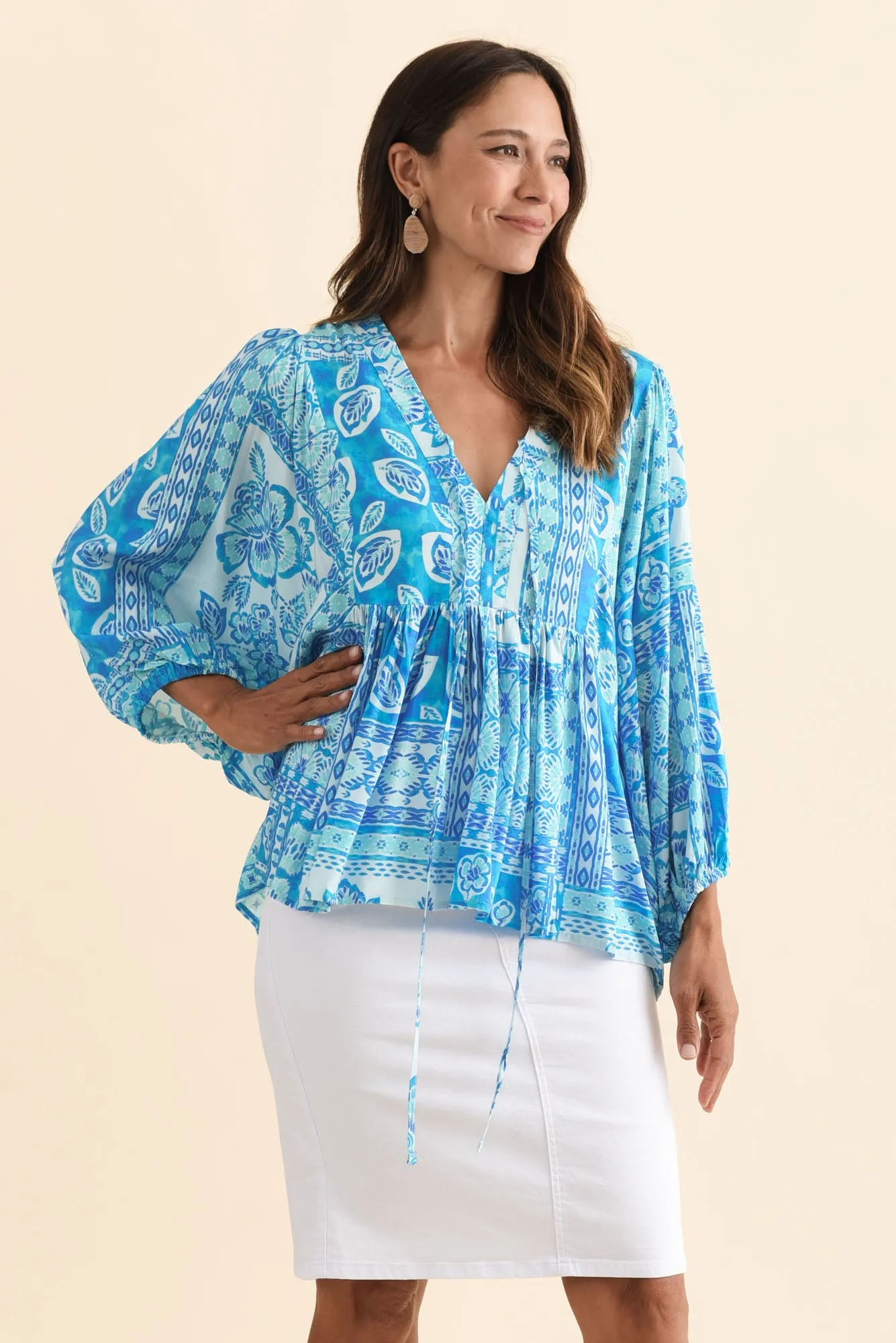 Tayler Blue Mosaic Puff Sleeve Top sold by Blue Bungalow product image thumbnail 3