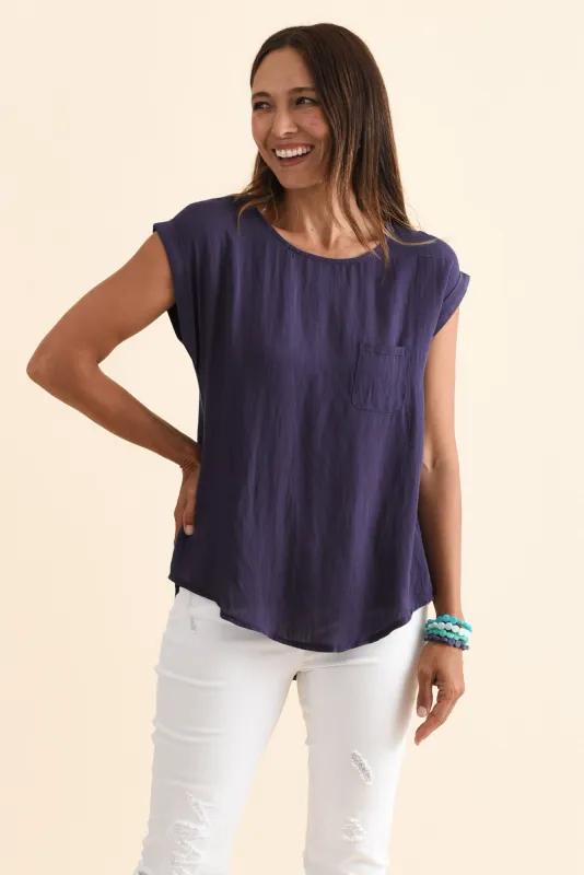 Aiden Navy Linen Blend Pocket Top sold by Blue Bungalow