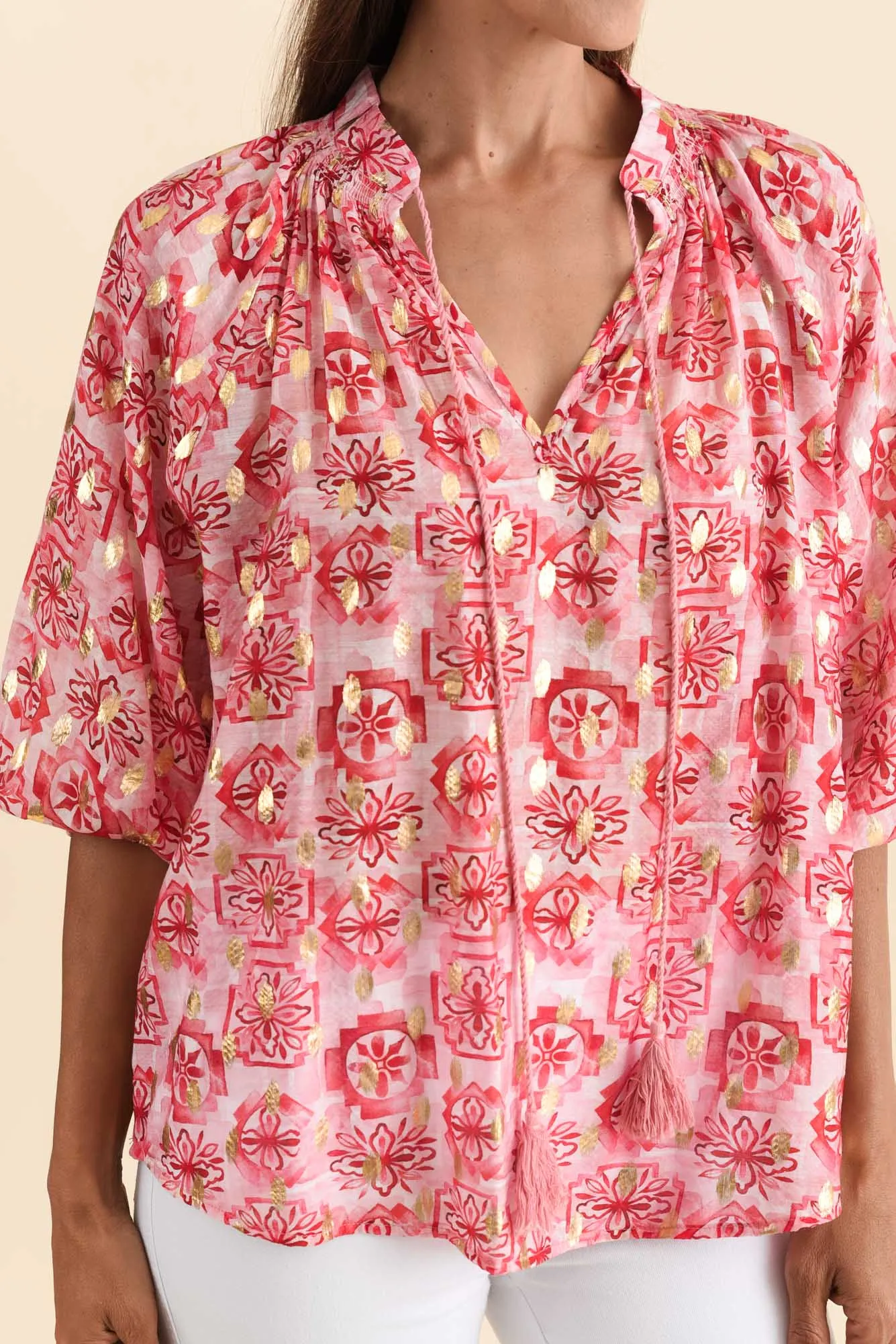 Theo Pink Geo Cotton Blend Blouse sold by Blue Bungalow product image thumbnail 5