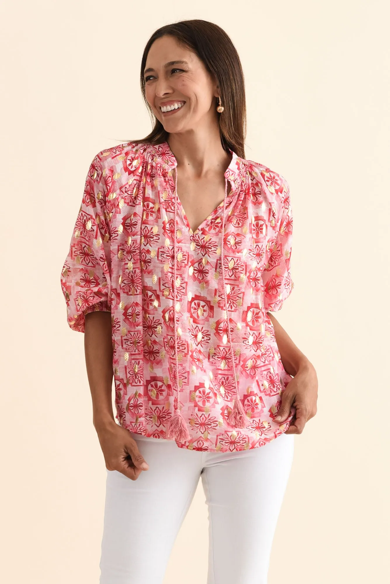 Theo Pink Geo Cotton Blend Blouse sold by Blue Bungalow