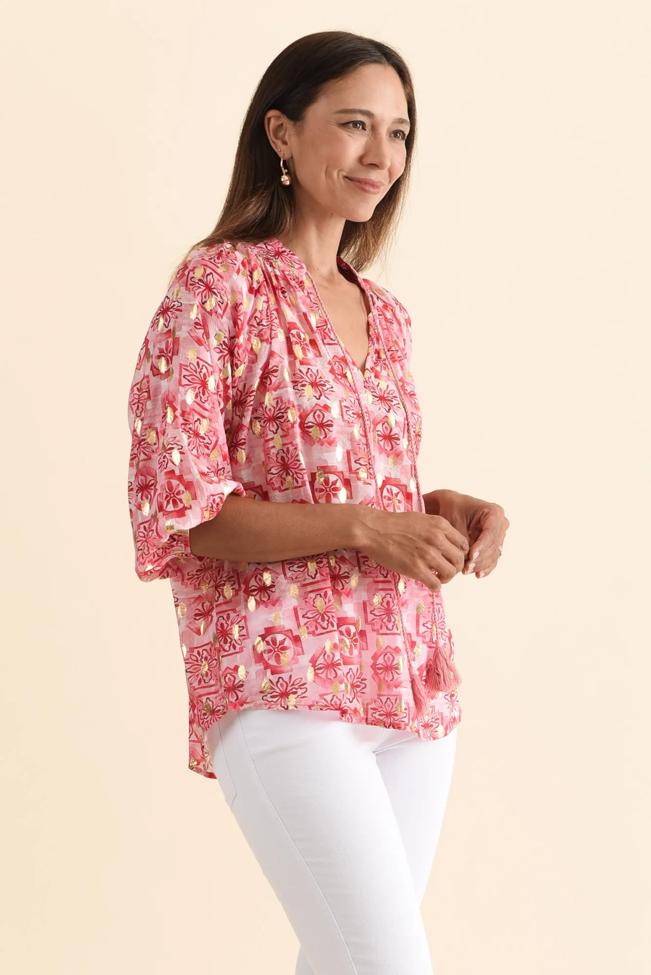 Theo Pink Geo Cotton Blend Blouse sold by Blue Bungalow product image thumbnail 3