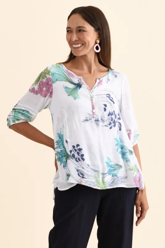 Ramy White Floral Cotton Blend Top sold by Blue Bungalow