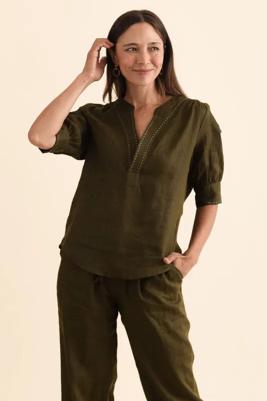 Bradley Khaki Linen Contrast Stitch Top sold by Blue Bungalow
