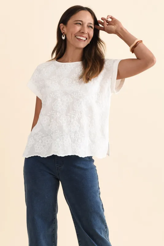 Raewyn White Flower Embroidered Cotton Top sold by Blue Bungalow