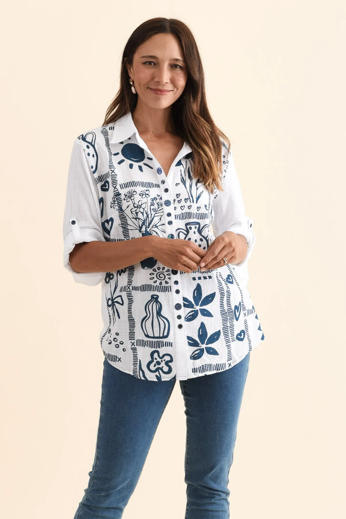 Georgina Blue Tile Cotton Shirt sold by Blue Bungalow