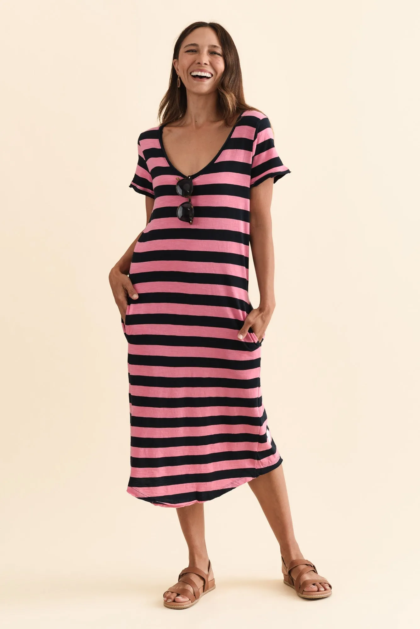 Maeve Hot Pink Stripe Cotton Midi Dress sold by Blue Bungalow product image thumbnail 2
