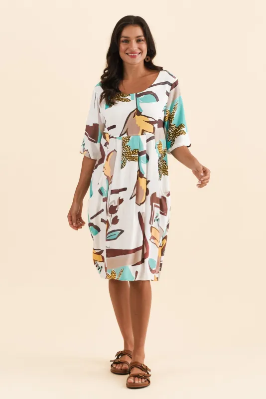 Myley White Abstract Linen Cotton Dress sold by Blue Bungalow