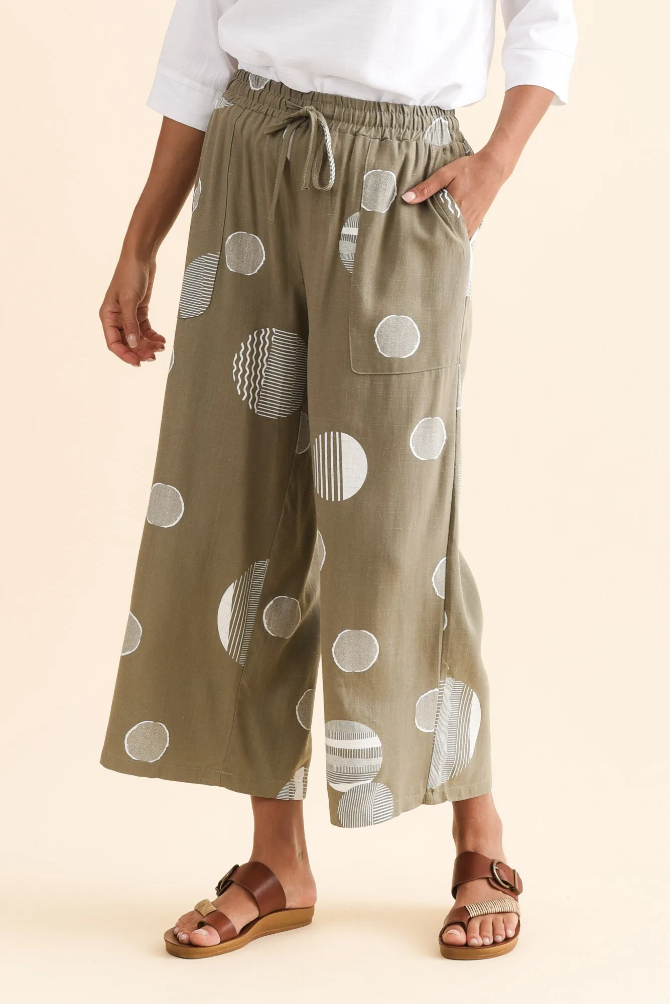 Minnelli Olive Spot Linen Cotton Pants sold by Blue Bungalow