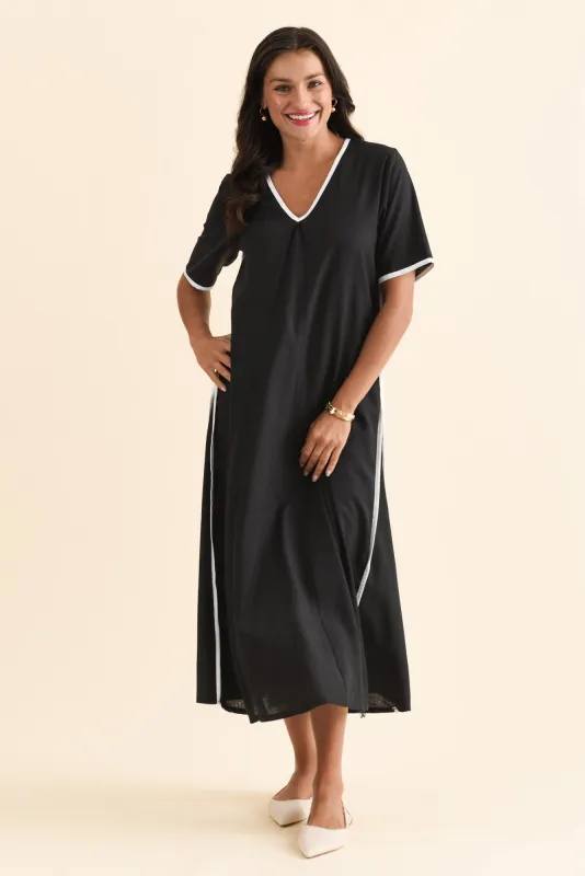 Dorcas Black Contrast V Neck Dress sold by Blue Bungalow