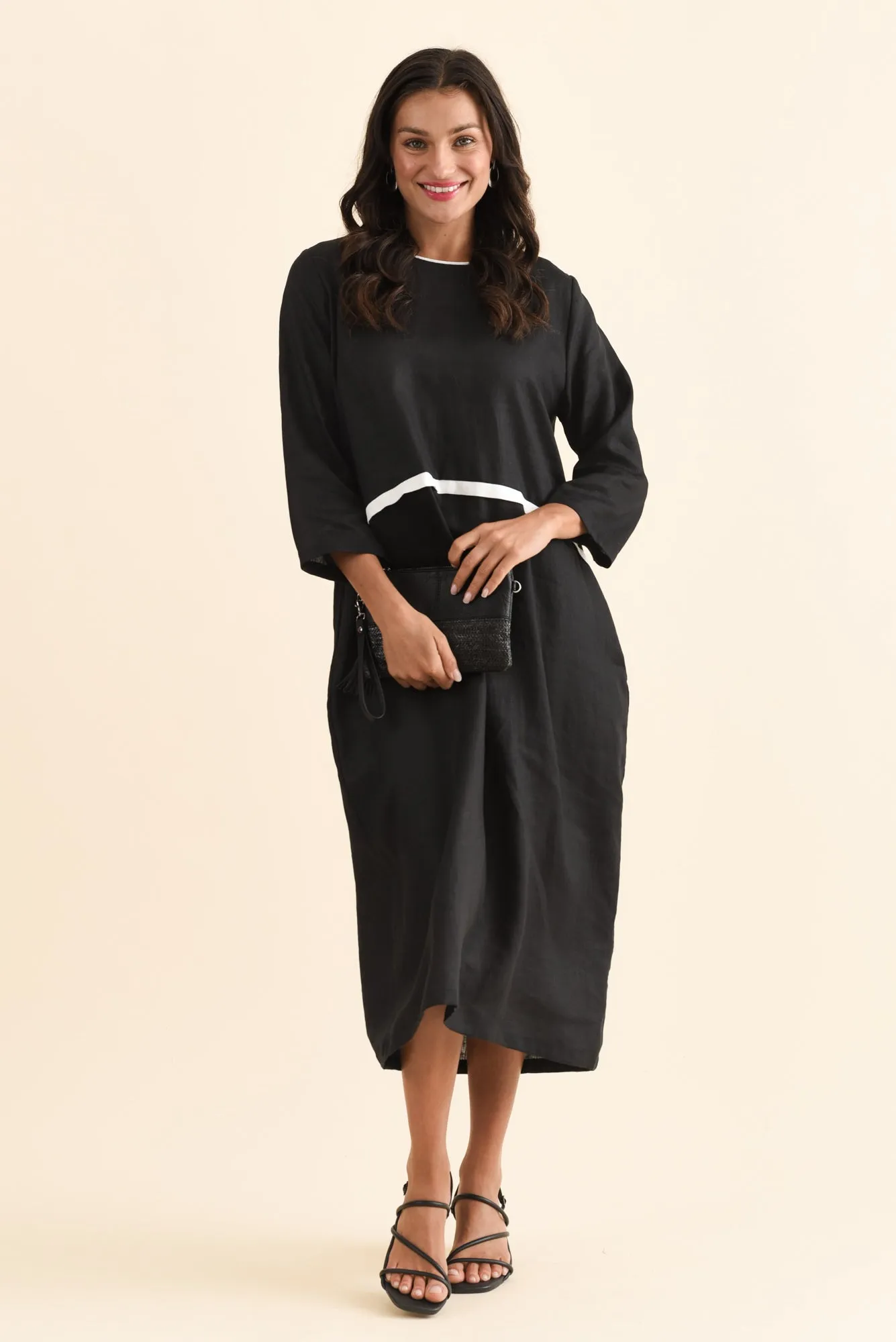 Mariam Black Contrast Linen Dress sold by Blue Bungalow