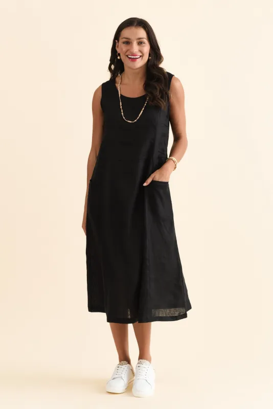Noah Black Linen Pocket Dress sold by Blue Bungalow