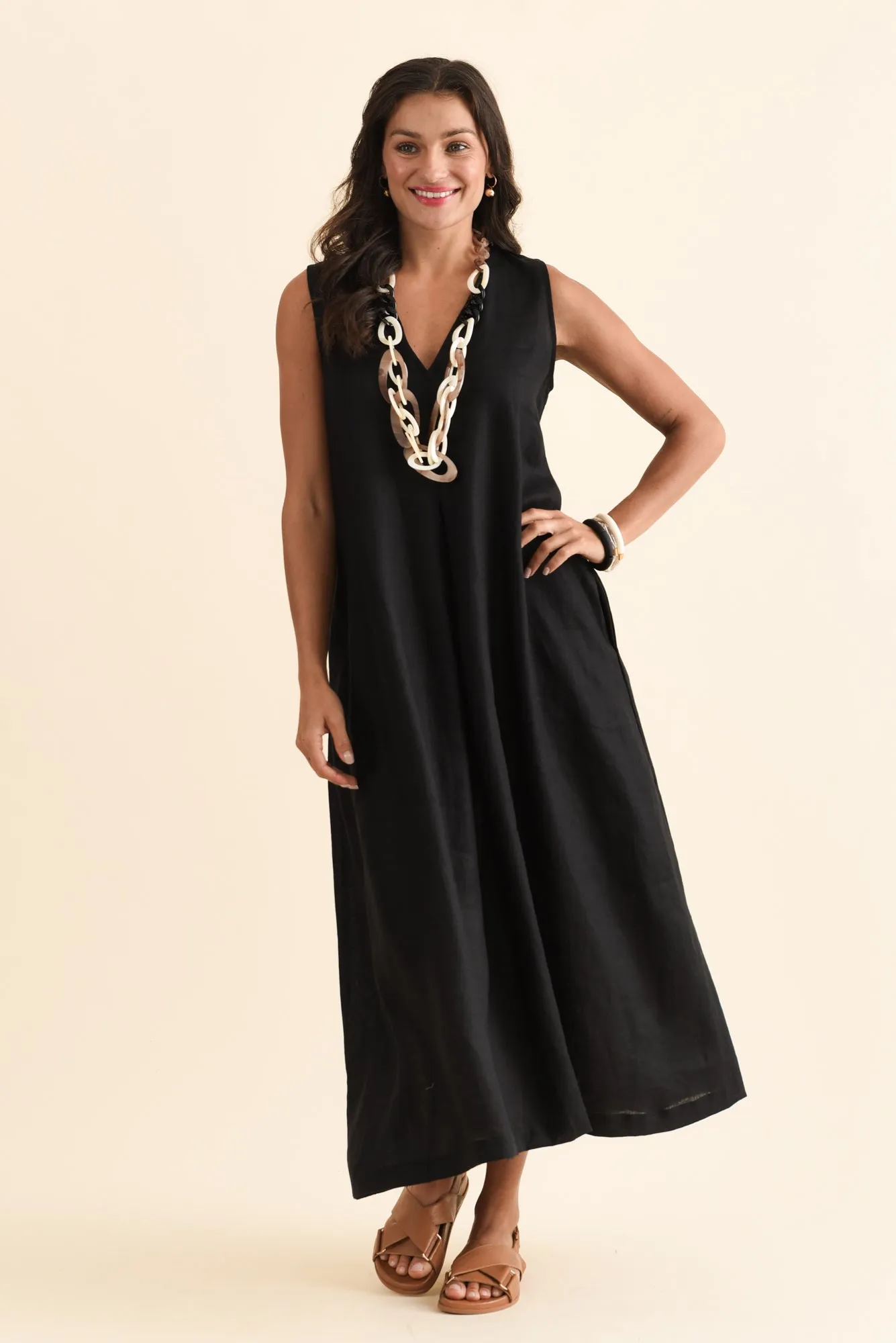 Phoebe Black Linen Midi Dress sold by Blue Bungalow