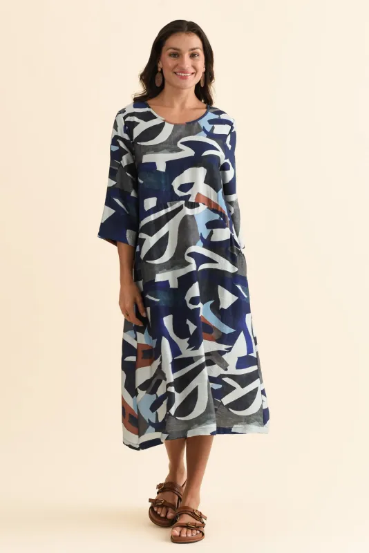 Wynton Blue Abstract Crescent Dress sold by Blue Bungalow