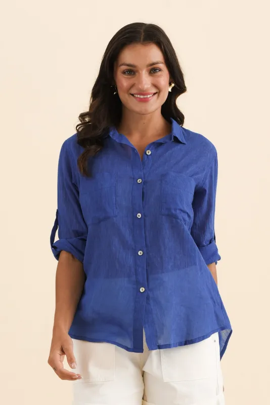 Cecille Blue Cotton Pocket Shirt sold by Blue Bungalow
