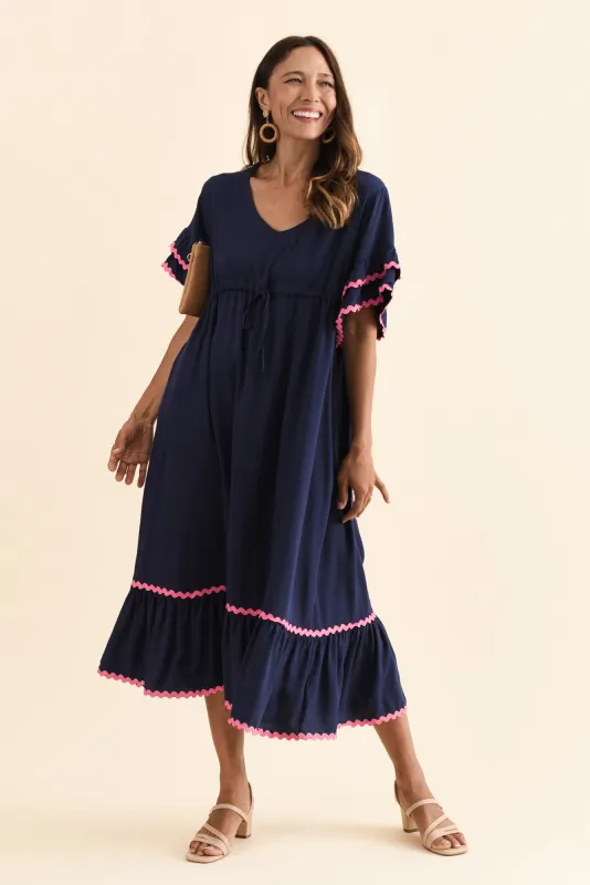 Rosemarie Navy Contrast Frill Dress sold by Blue Bungalow