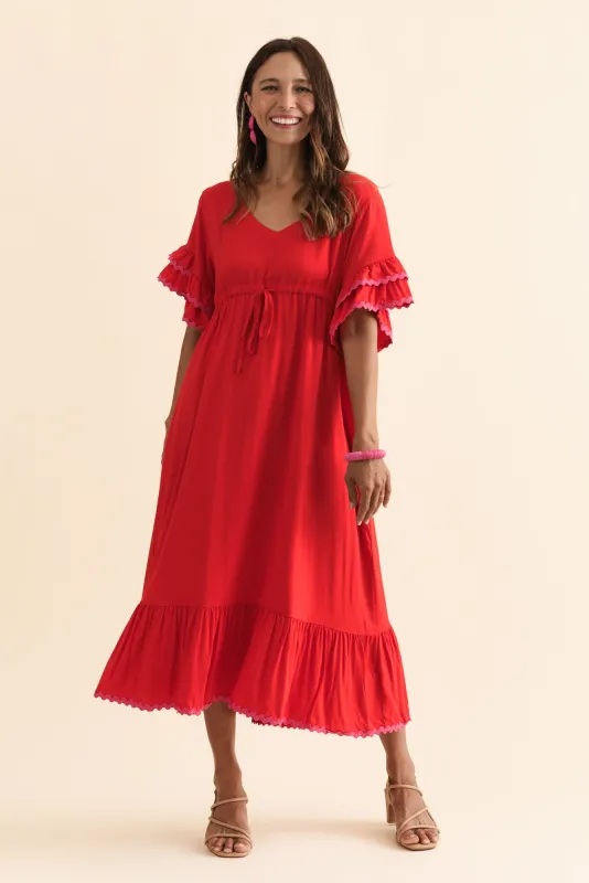 Rosemarie Red Contrast Frill Dress sold by Blue Bungalow