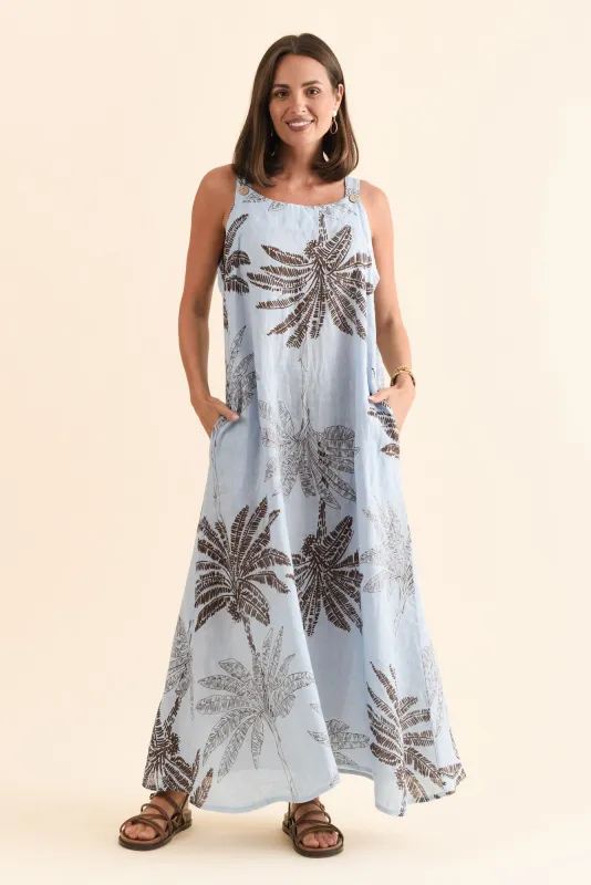 Nadia Blue Palm Linen Maxi Dress sold by Blue Bungalow