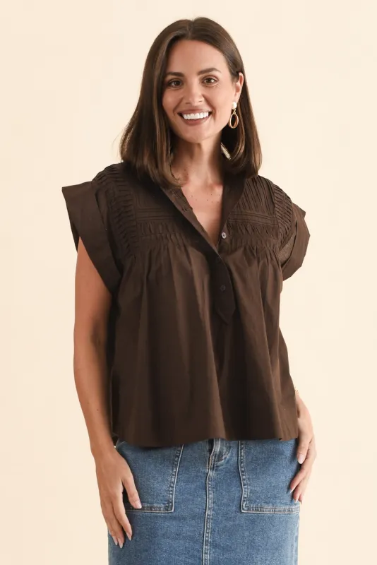 Sharlie Chocolate Cotton Button Top sold by Blue Bungalow