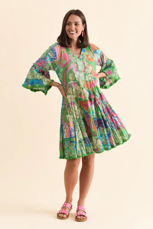 Stevie Green Mosaic Cotton Tassel Dress sold by Blue Bungalow