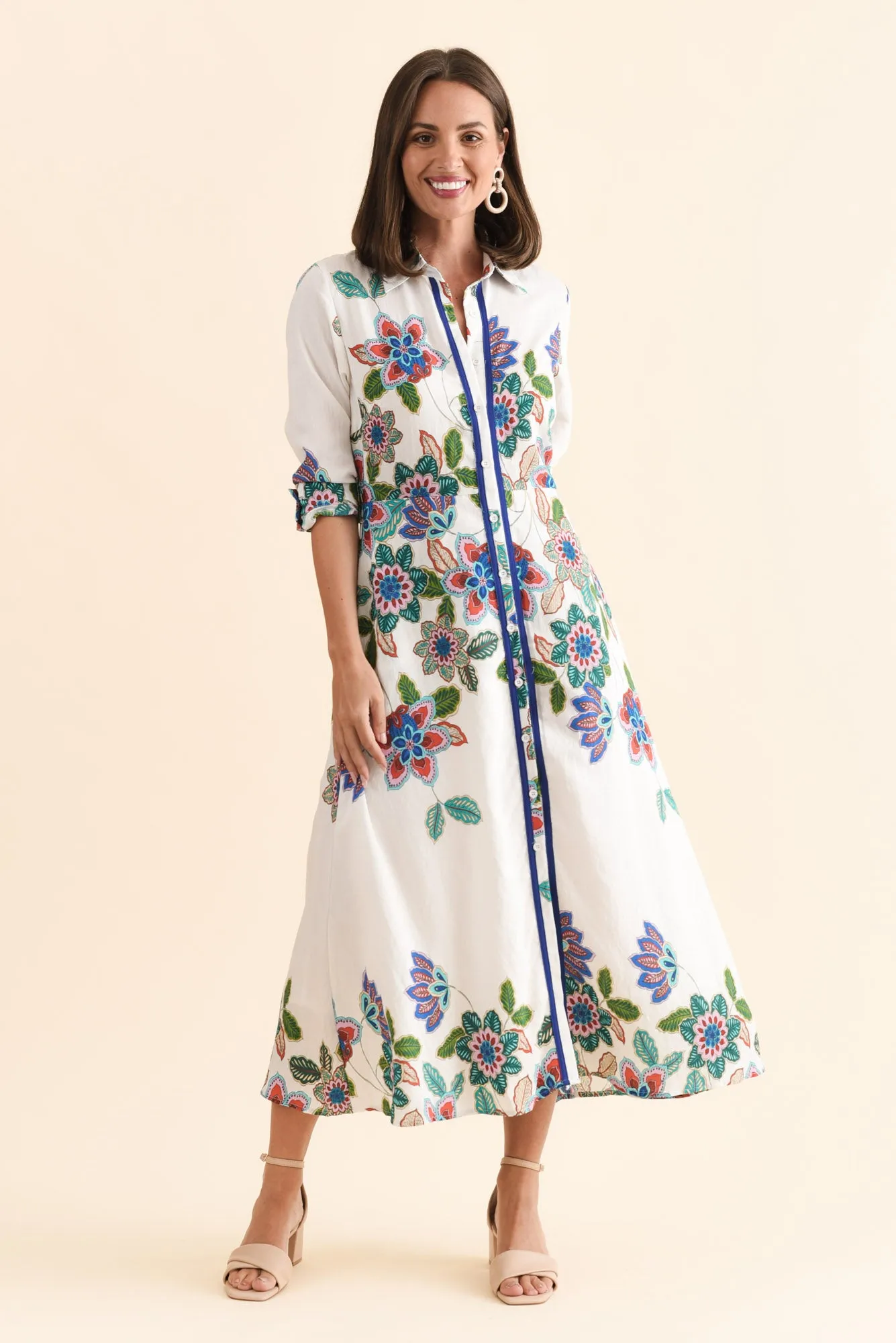 Myka White Floral Linen Cotton Shirt Dress sold by Blue Bungalow