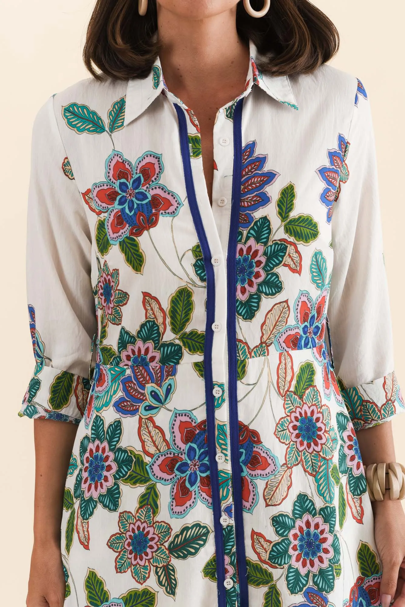 Myka White Floral Linen Cotton Shirt Dress sold by Blue Bungalow product image thumbnail 5