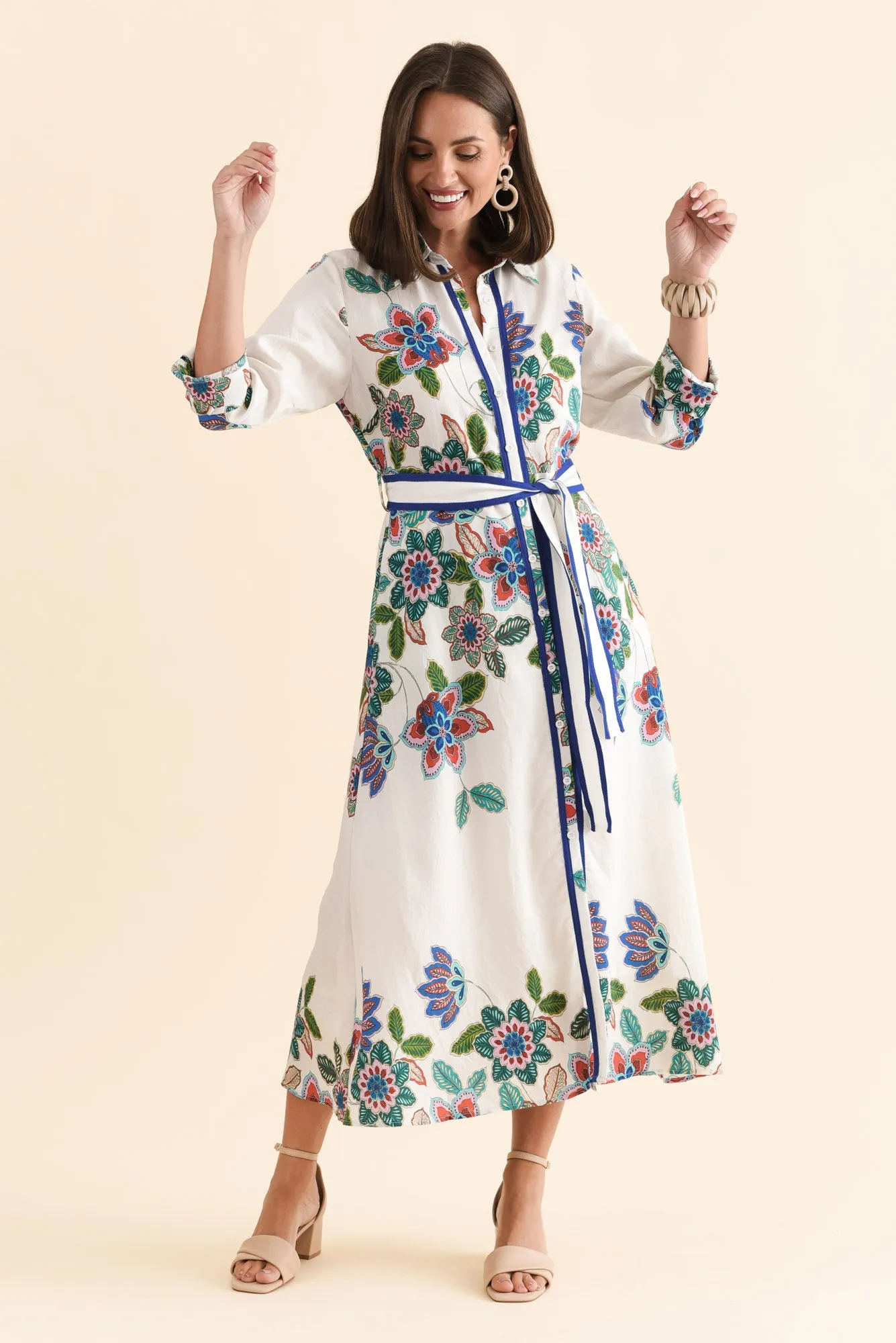 Myka White Floral Linen Cotton Shirt Dress sold by Blue Bungalow product image thumbnail 2