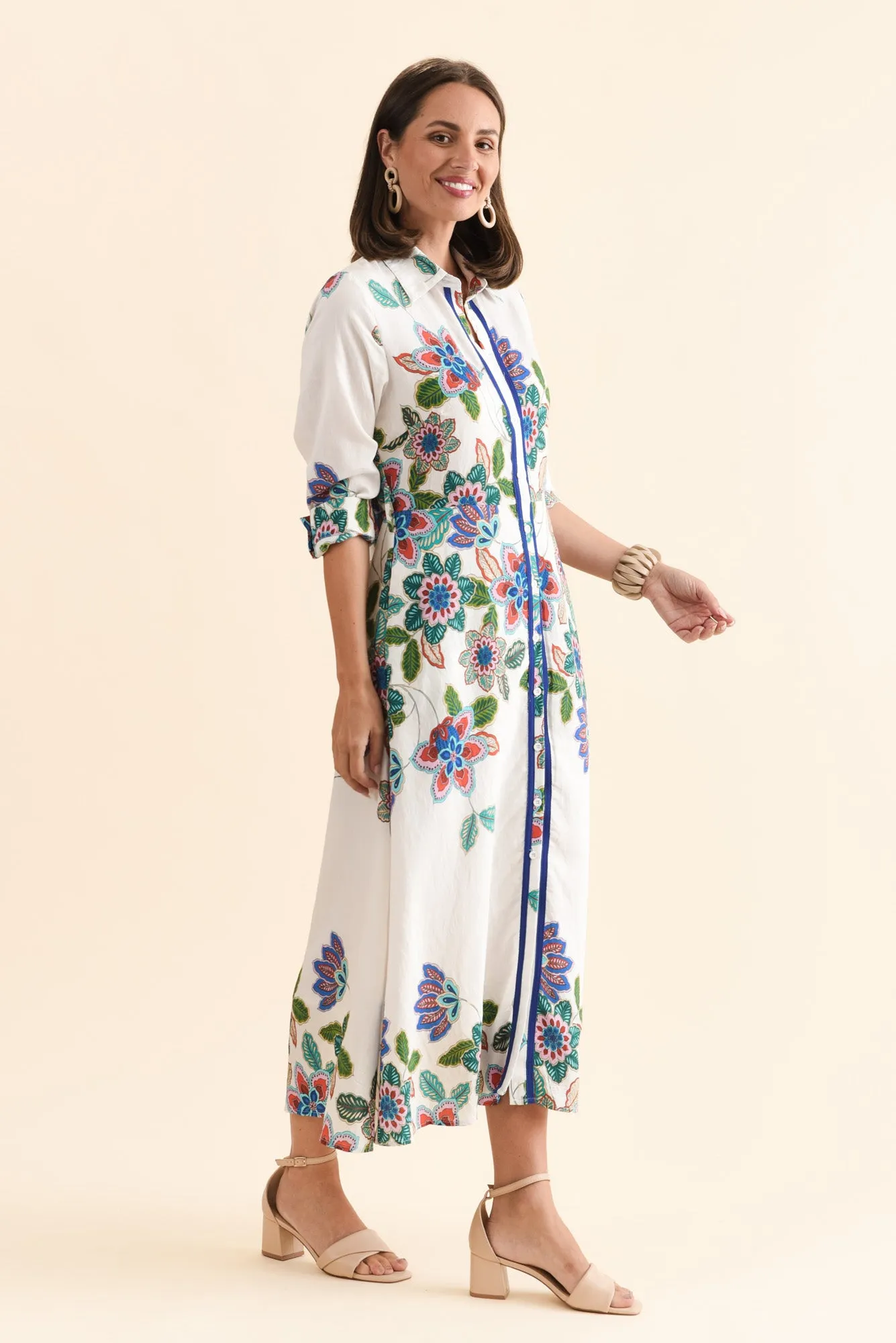 Myka White Floral Linen Cotton Shirt Dress sold by Blue Bungalow product image thumbnail 3