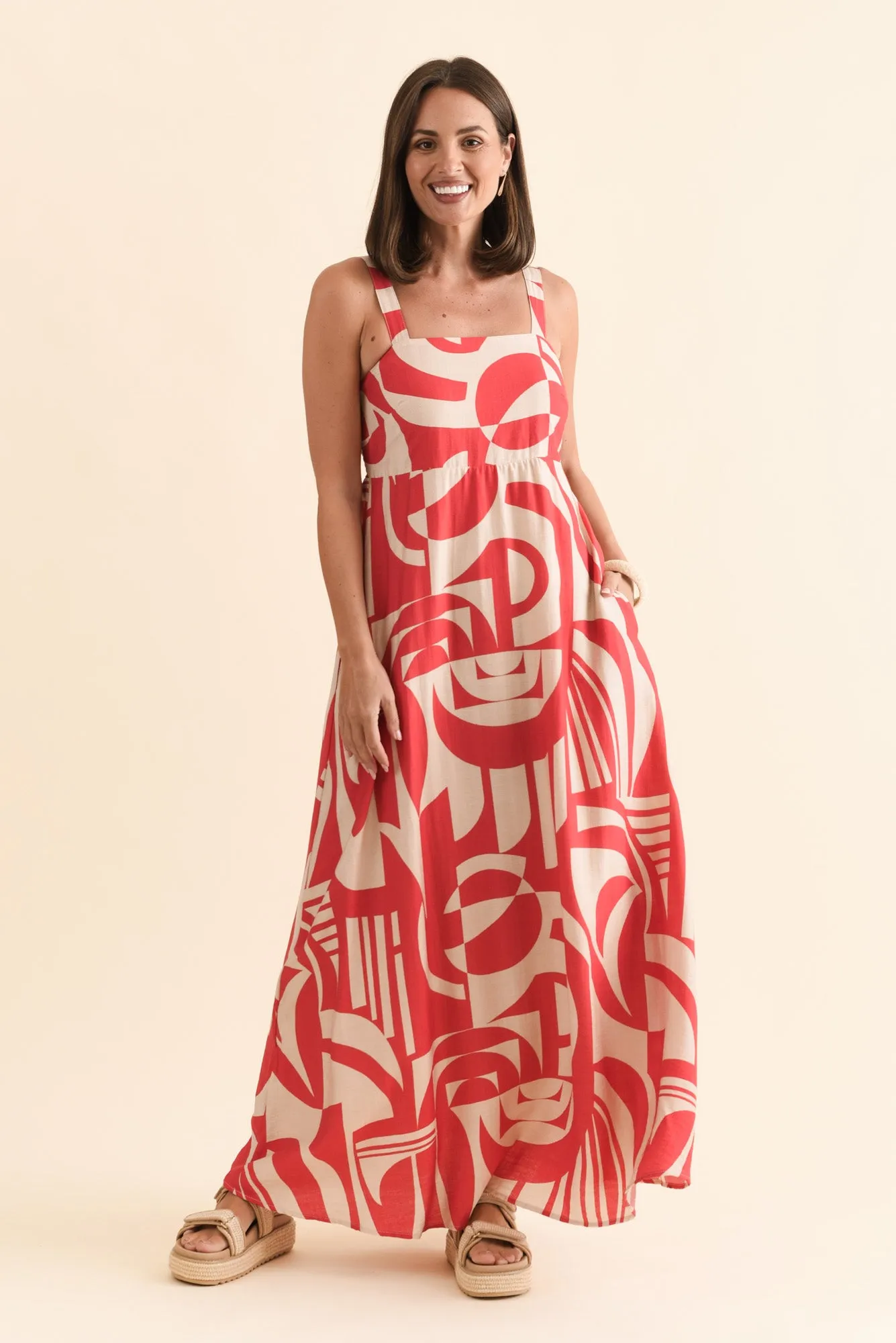 Mykonos Red Abstract Linen Cotton Dress sold by Blue Bungalow product image thumbnail 2