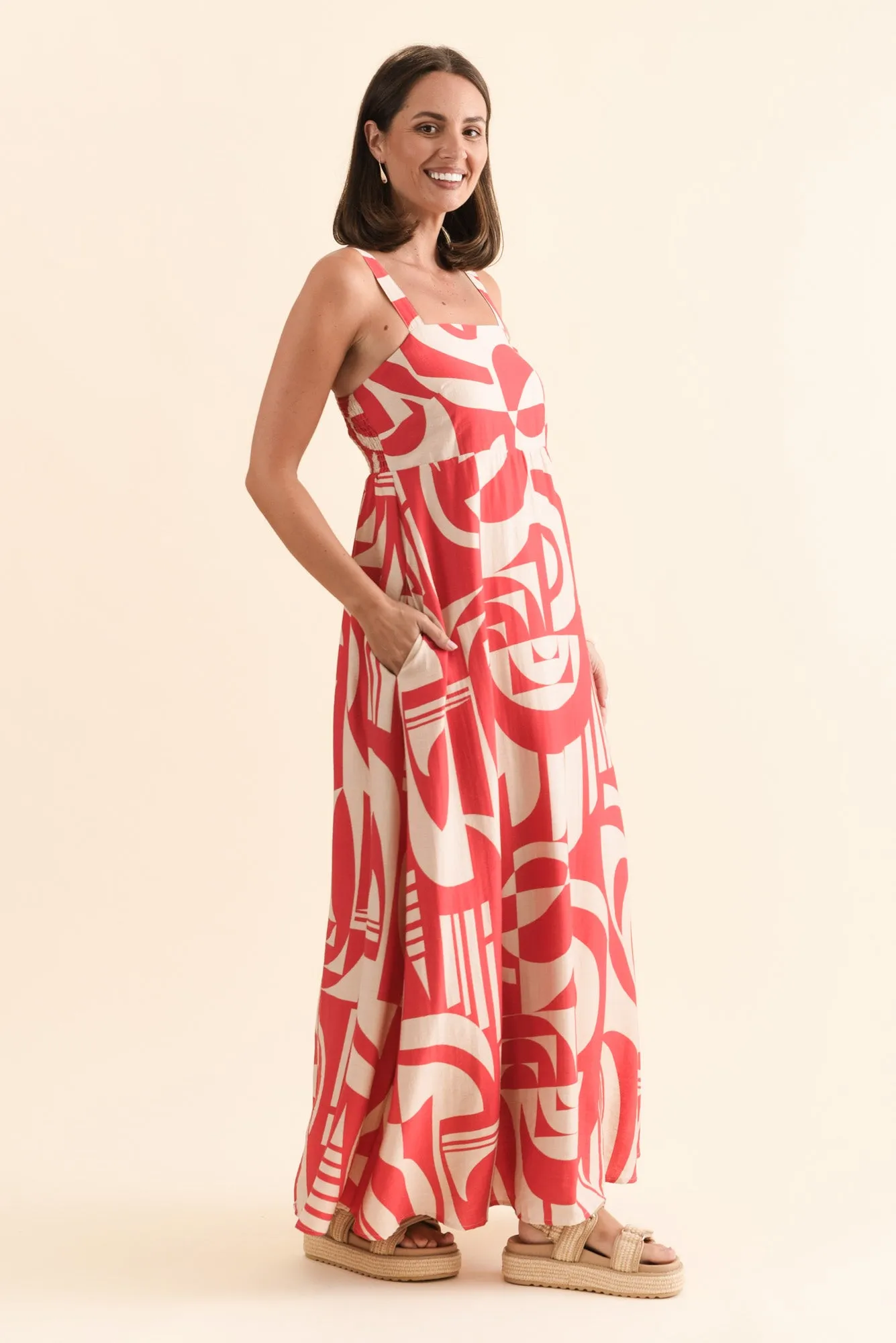 Mykonos Red Abstract Linen Cotton Dress sold by Blue Bungalow product image thumbnail 3