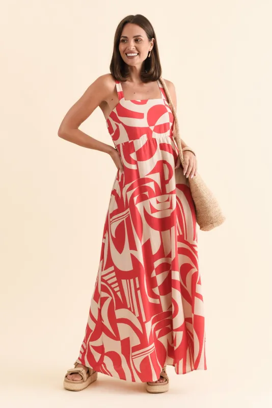 Mykonos Red Abstract Linen Cotton Dress sold by Blue Bungalow