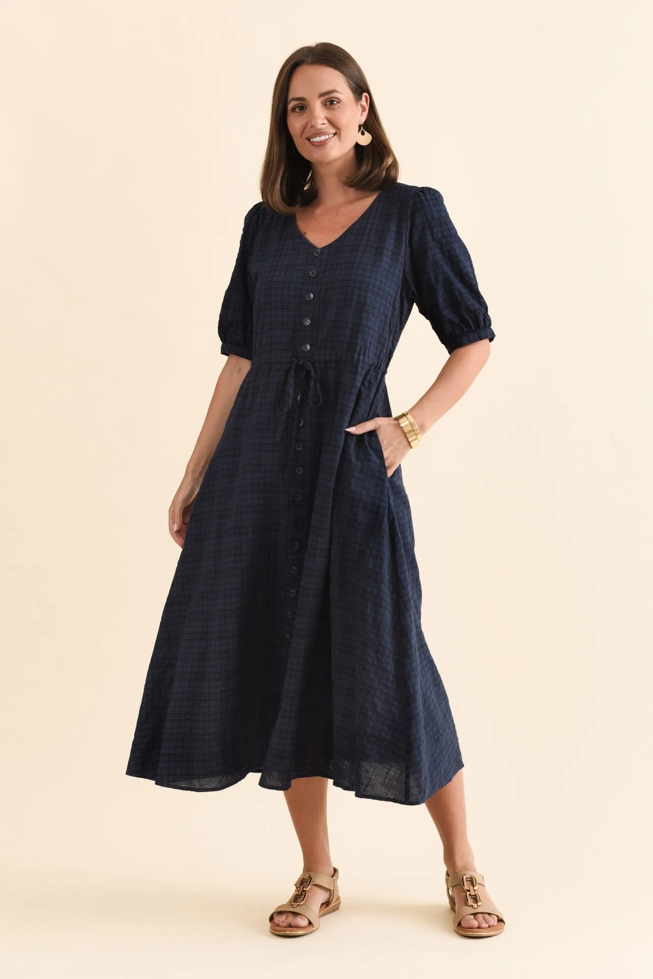 Weslyn Navy Check Cotton Blend Dress sold by Blue Bungalow