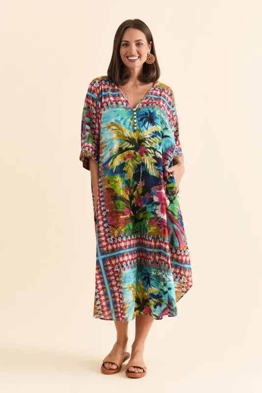 Tella Green Tropical Cotton Kaftan sold by Blue Bungalow