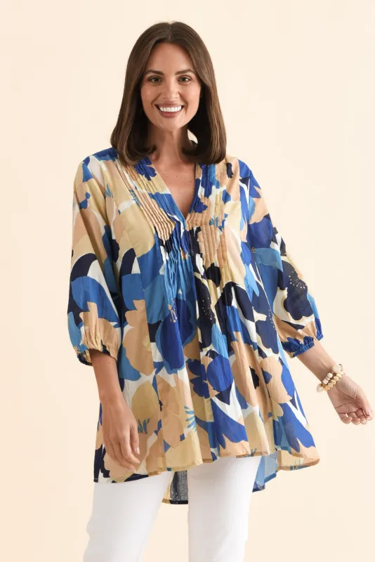 Alexa Blue Flower Cotton V Neck Top sold by Blue Bungalow