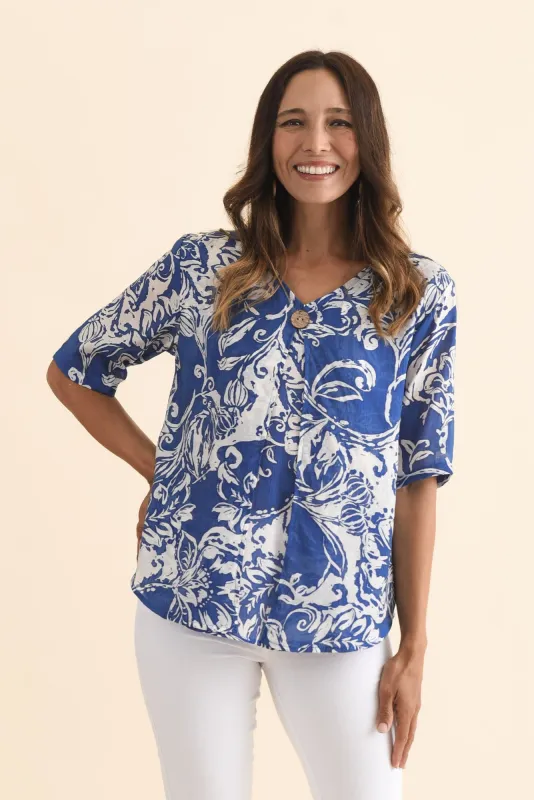 Yasmin Blue Abstract Layered Button Top sold by Blue Bungalow