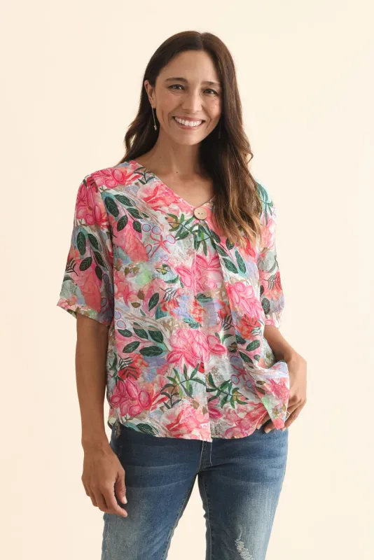 Yasmin Pink Floral Layered Button Top sold by Blue Bungalow