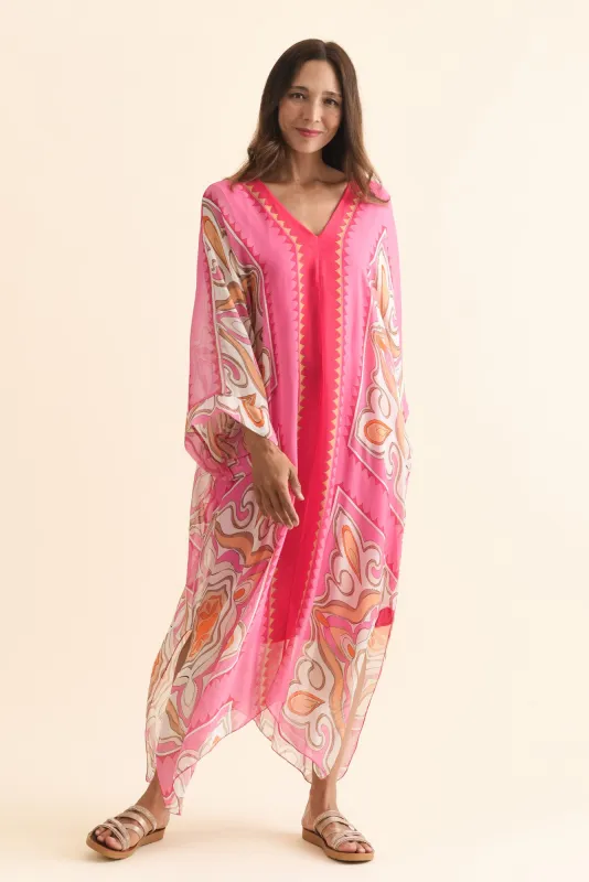 Aurora Fuchsia Abstract Silk Kaftan sold by Blue Bungalow