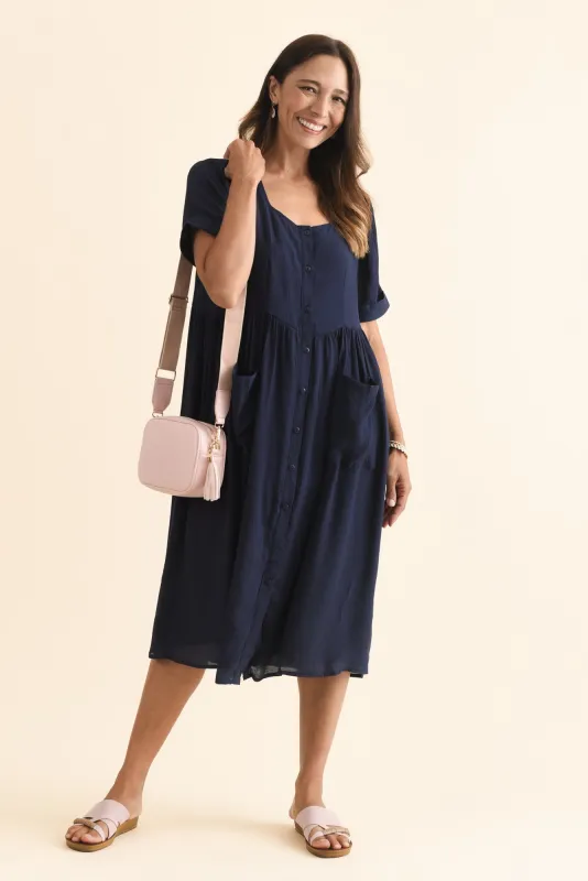 Rayna Navy Button Dress sold by Blue Bungalow