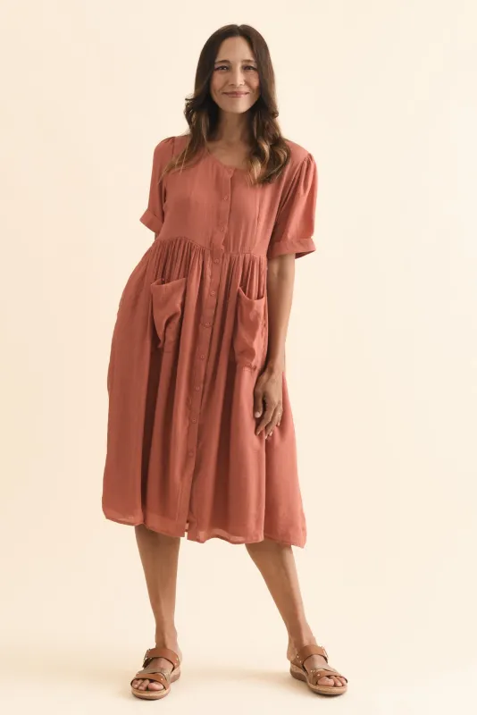 Rayna Rust Button Dress sold by Blue Bungalow