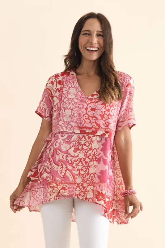 Alvina Pink Abstract Layered Tunic Top sold by Blue Bungalow