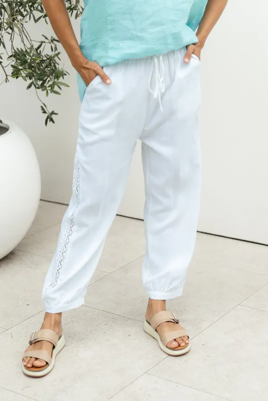 Beretta White Lace Linen Blend Pants sold by Blue Bungalow