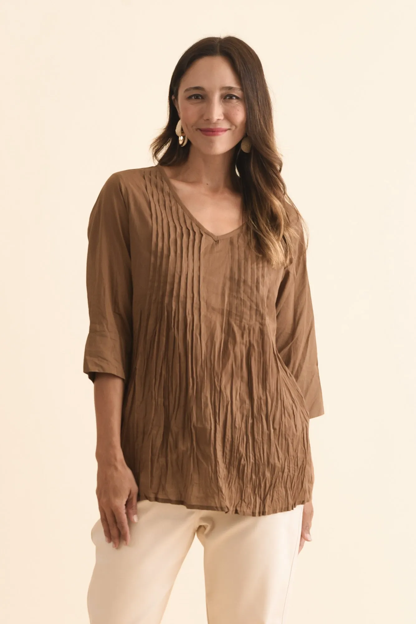 Fia Mocha Sleeved Crinkle Cotton Top sold by Blue Bungalow