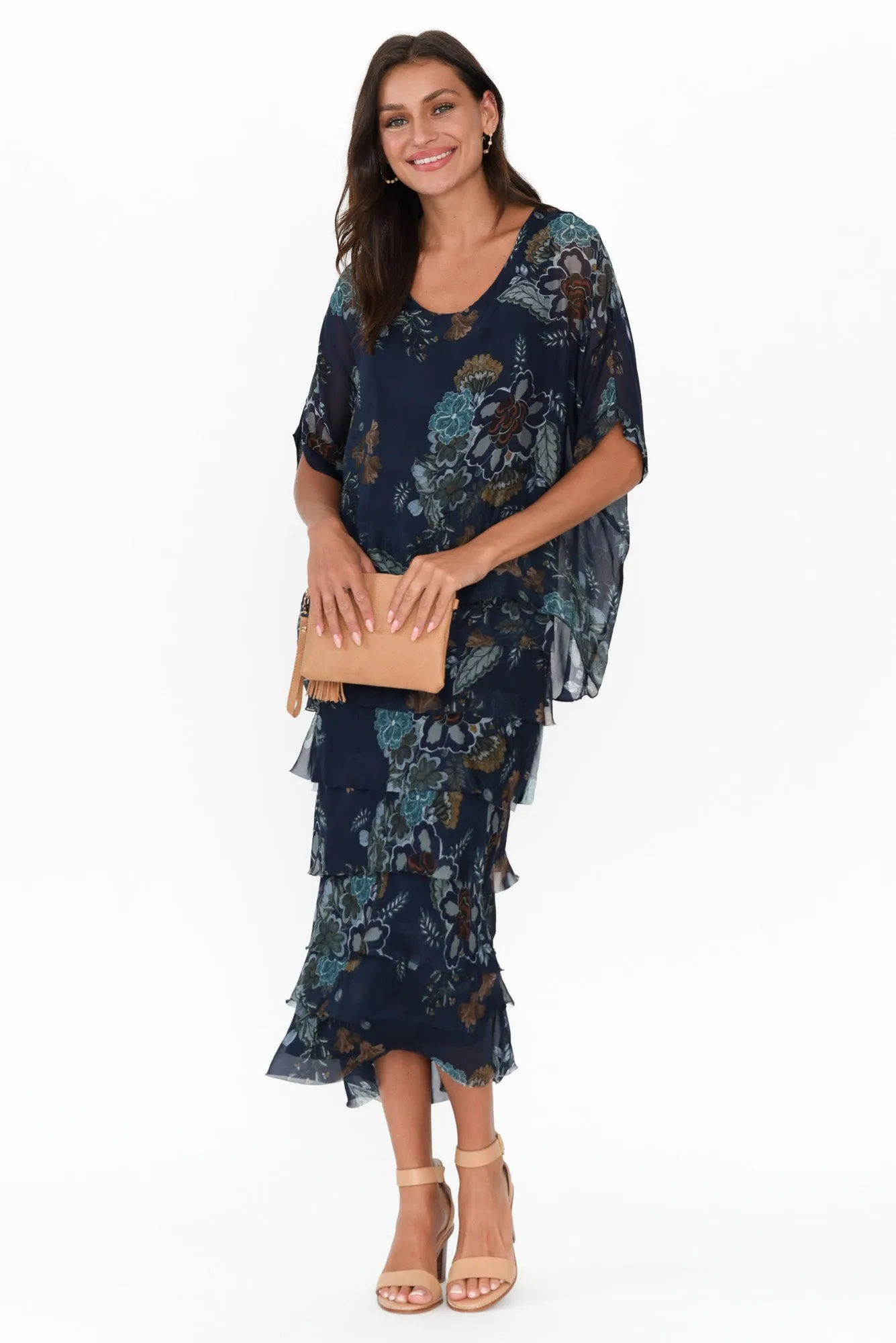 Katerina Navy Flower Silk Overlay Maxi Dress sold by Blue Bungalow