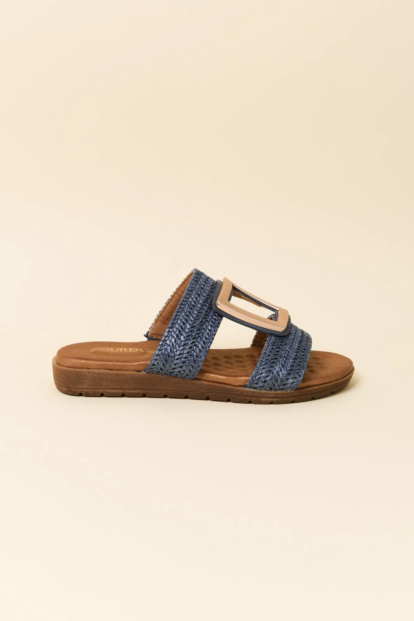 Kimberley Blue Raffia Buckle Slide sold by Blue Bungalow